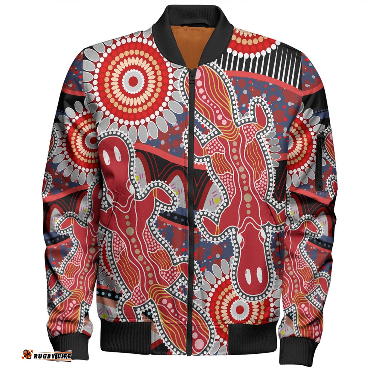 Australia Platypus Aboriginal Bomber Jacket - Red Platypus With Aboriginal Art Dot Painting Patterns Inspired Bomber Jacket