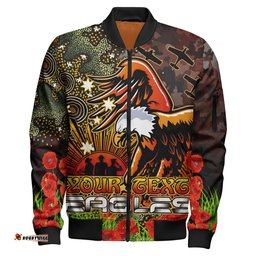 Eagles Rugby Bomber Jacket - Anzac Eagles with Remembrance Poppy and Indigenous Patterns Bomber Jacket RLT13