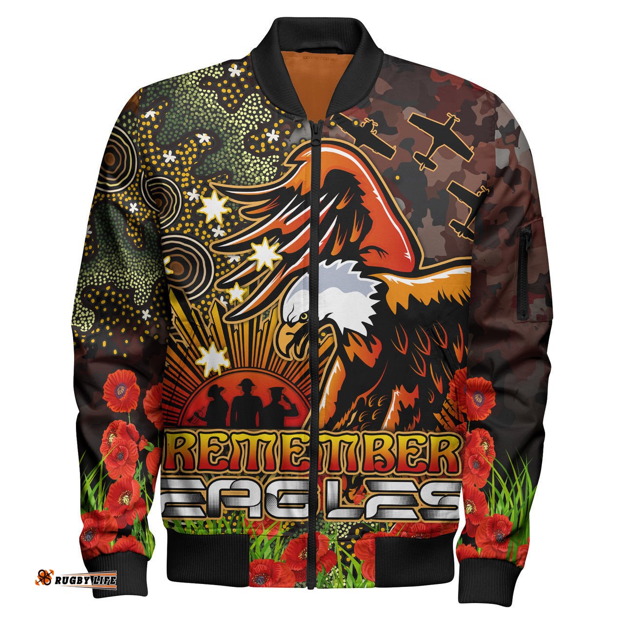 Eagles Rugby Bomber Jacket - Anzac Eagles with Remembrance Poppy and Indigenous Patterns Bomber Jacket RLT13