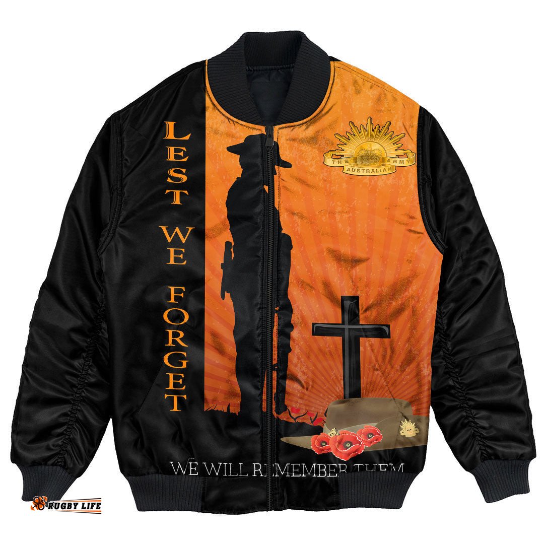 Anzac Day Lest We Forget Soldier Standing Guard Bomber Jacket