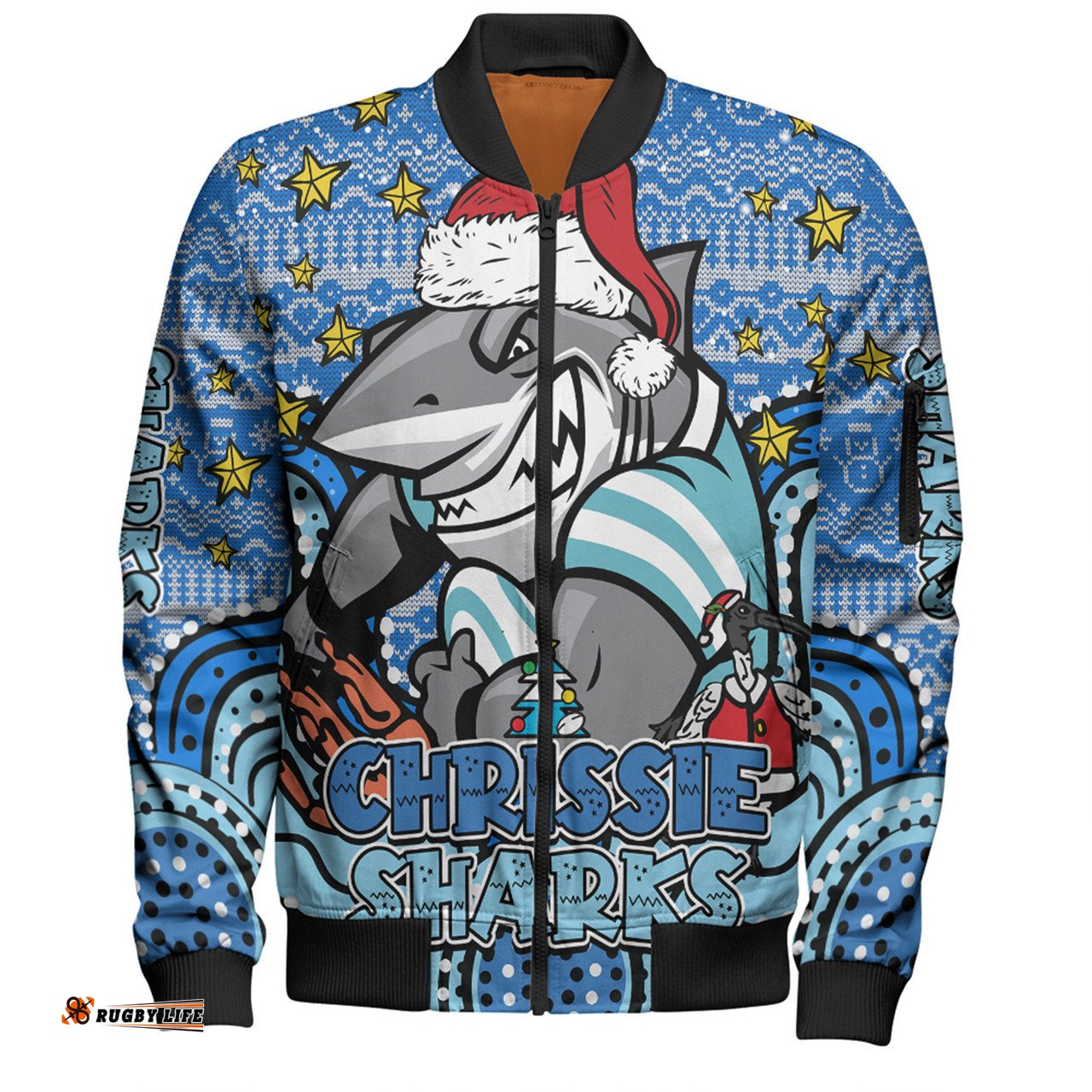 Cronulla-Sutherland Sharks Christmas Custom Bomber Jacket - Christmas Knit Patterns Vintage Jersey Ugly Bomber Jacket