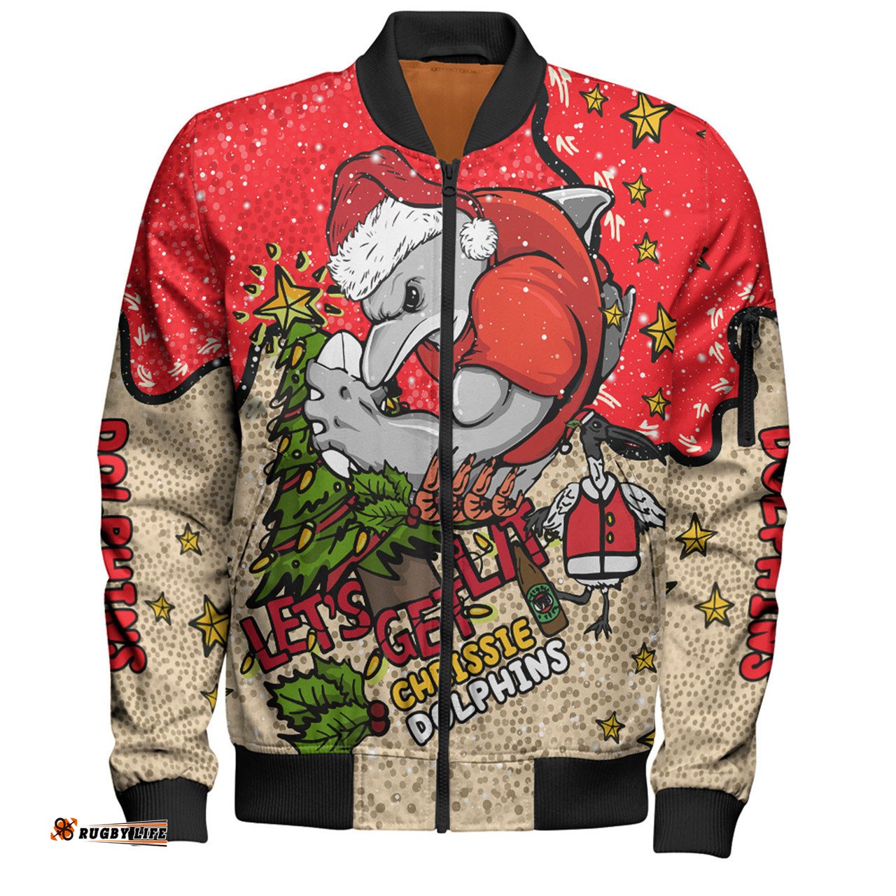 Redcliffe Dolphins Christmas Custom Bomber Jacket - Let's Get Lit Chrisse Pressie Bomber Jacket
