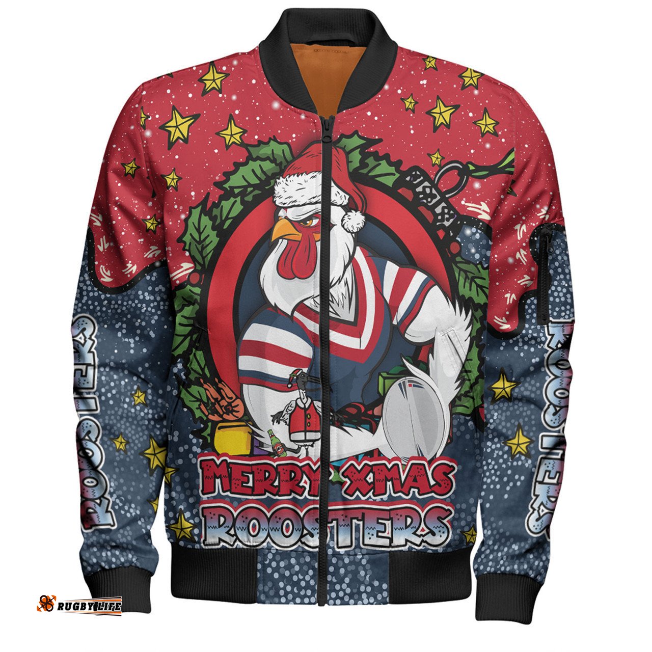 Sydney Roosters Christmas Custom Bomber Jacket - Merry Christmas Our Beloved Team With Aboriginal Dot Art Pattern Bomber Jacket