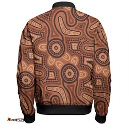 Australia Dot Painting Inspired Aboriginal Bomber Jacket - Brown Aboriginal Australian Art With Boomerang Bomber Jacket
