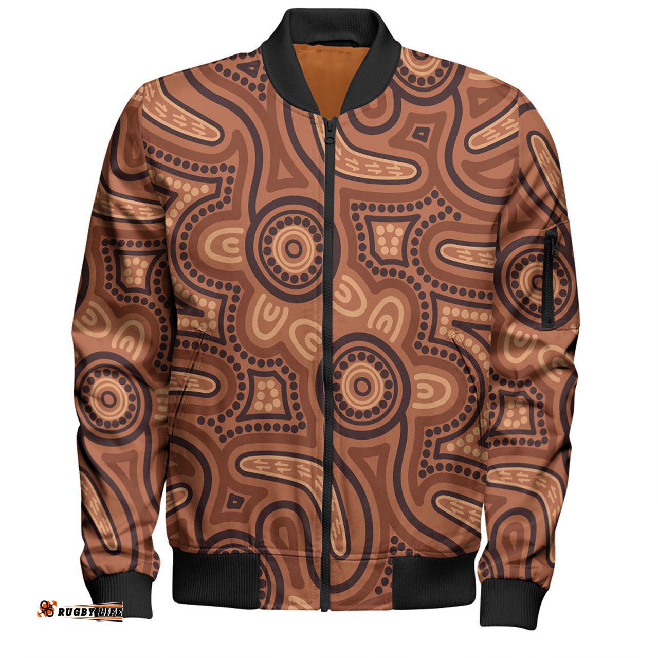 Australia Dot Painting Inspired Aboriginal Bomber Jacket - Brown Aboriginal Australian Art With Boomerang Bomber Jacket