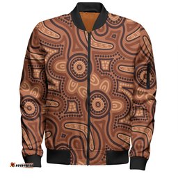Australia Dot Painting Inspired Aboriginal Bomber Jacket - Brown Aboriginal Australian Art With Boomerang Bomber Jacket
