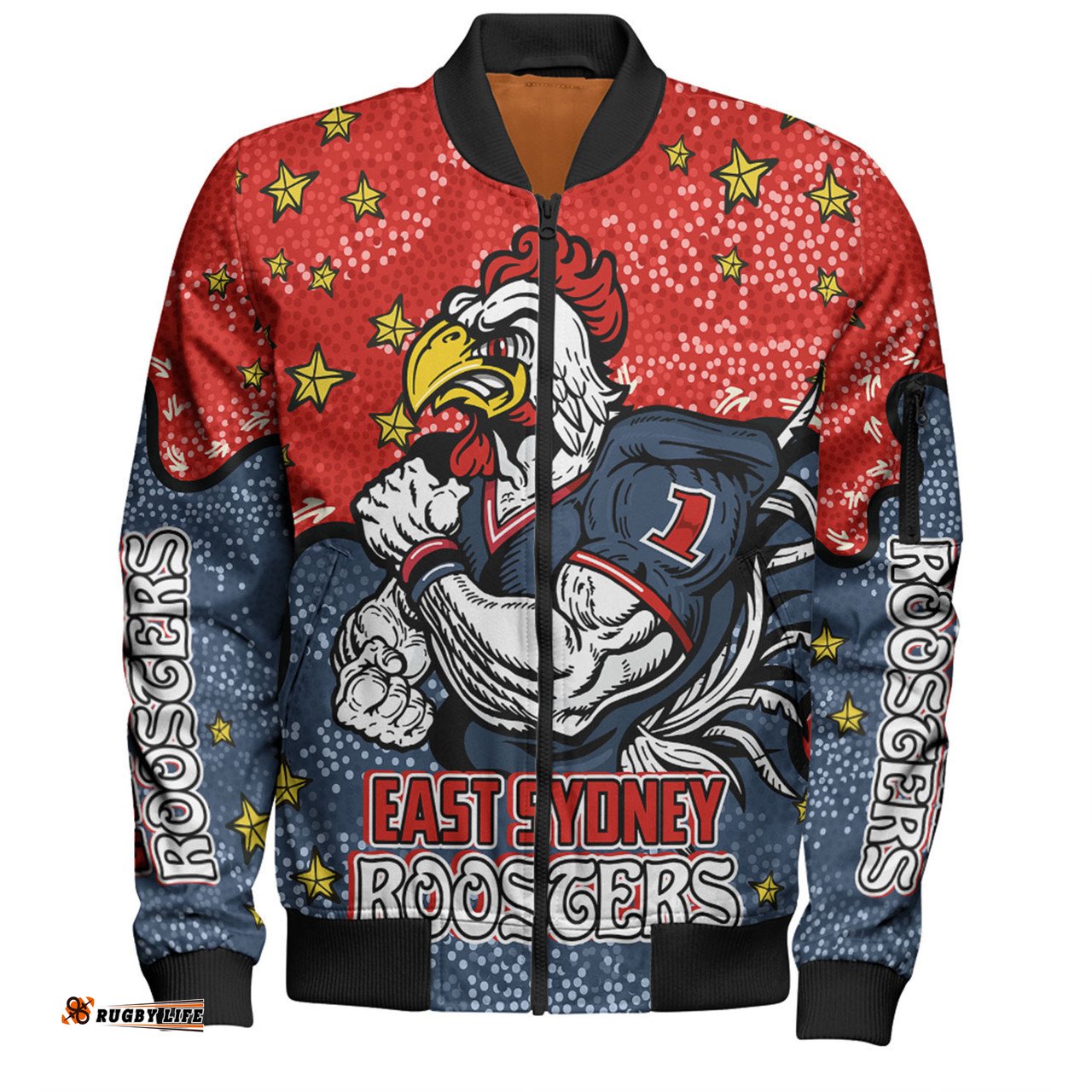 Sydney Roosters Custom Bomber Jacket - Team With Dot And Star Patterns For Tough Fan Bomber Jacket