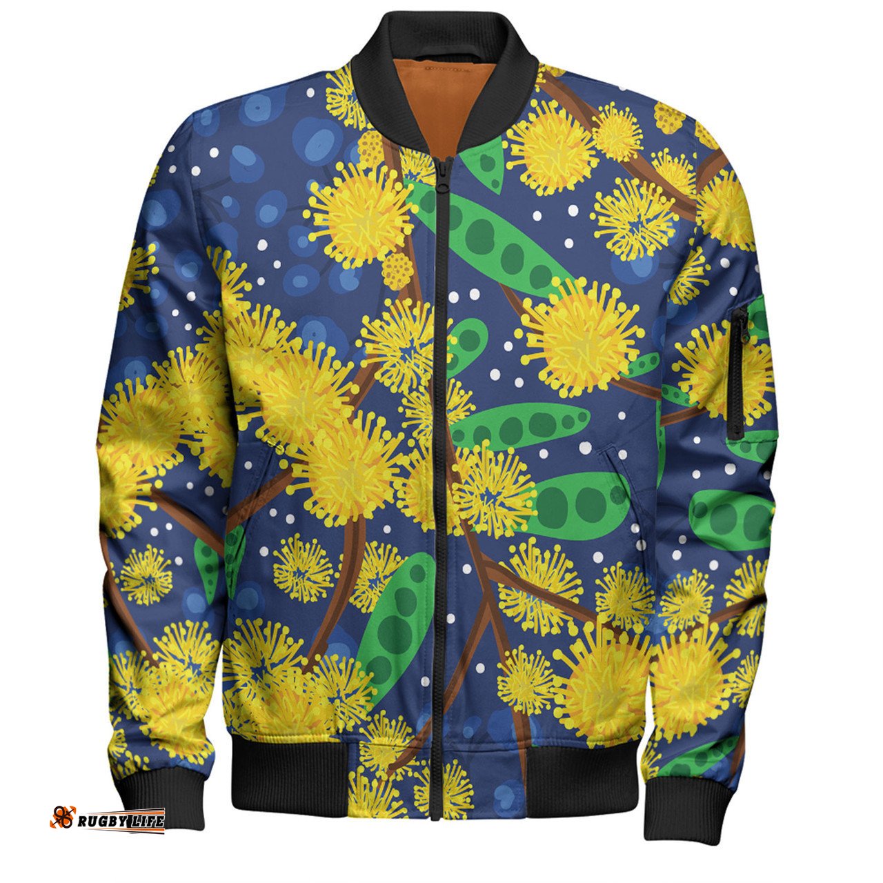 Australia Aboriginal Bomber Jacket - Australian Yellow Wattle Flower Artwork Bomber Jacket
