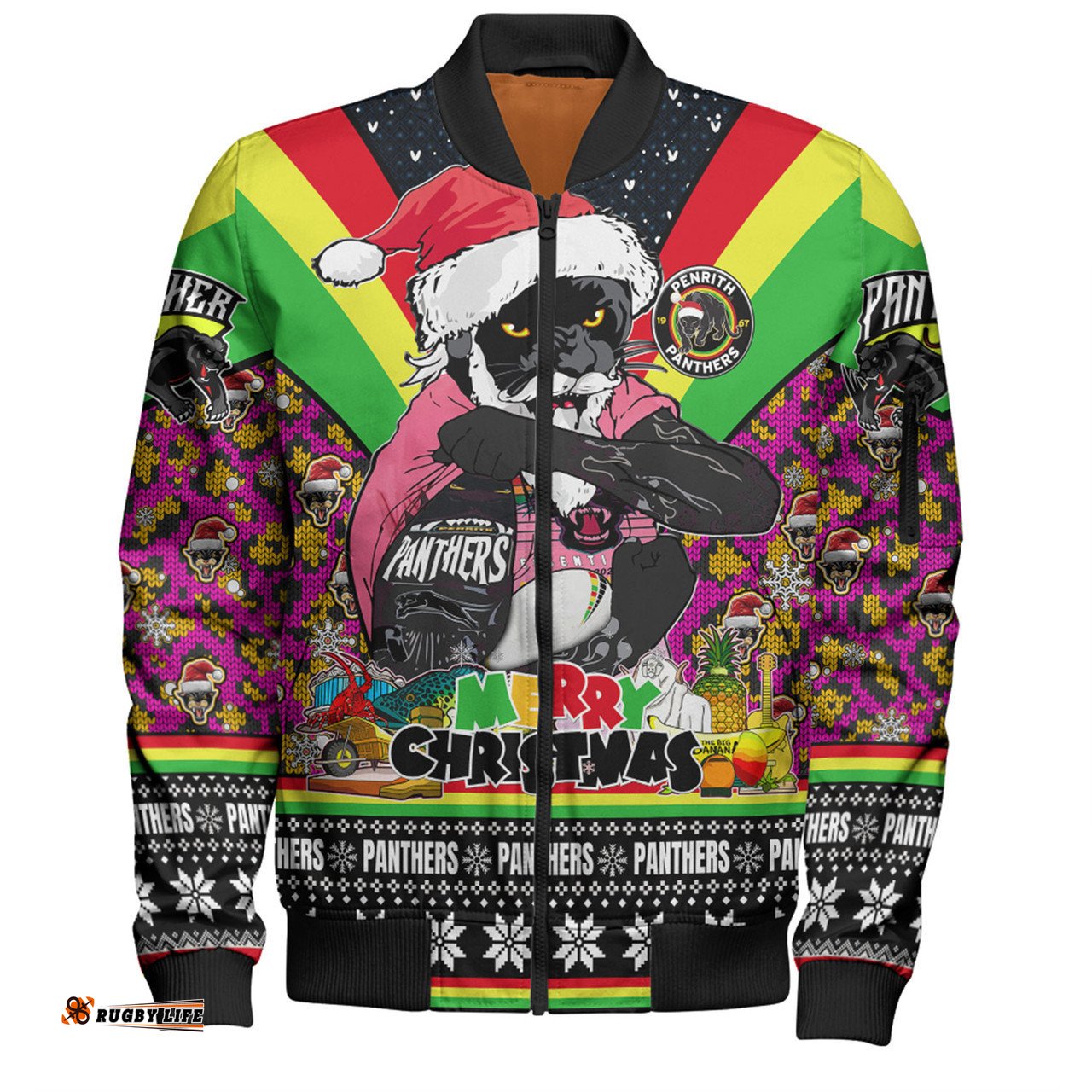 Penrith Panthers Christmas Custom Bomber Jacket - Penrith Panthers Santa Aussie Big Things Christmas Bomber Jacket