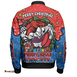 Newcastle Knights Christmas Custom Bomber Jacket - Merry Christmas Our Beloved Team With Aboriginal Dot Art Pattern Bomber Jacket