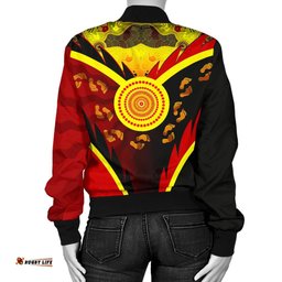 Aboriginal Women's Bomber Jacket - Indigenous Flag With Footprint Hand Art