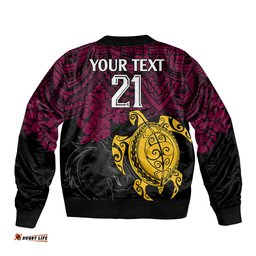 Custom Broncos Rugby Bomber Jacket Brisbane Hibiscus and Turtle With Polynesian Pattern