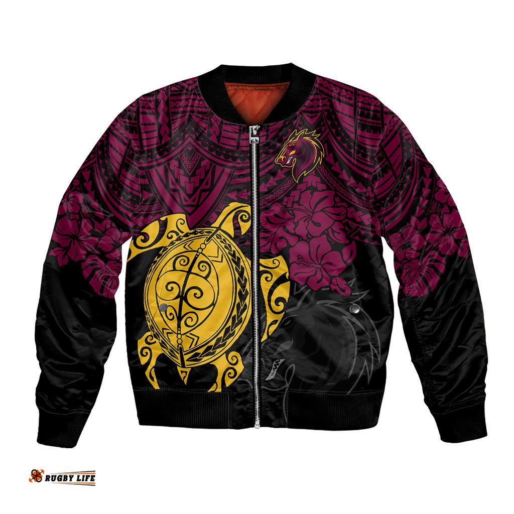 Custom Broncos Rugby Bomber Jacket Brisbane Hibiscus and Turtle With Polynesian Pattern