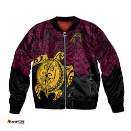 Custom Broncos Rugby Bomber Jacket Brisbane Hibiscus and Turtle With Polynesian Pattern