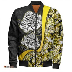 Australia Warratah Goanna Aboriginal Bomber Jacket - Waratah Flowers With Yellow Lizards, Stones, Sand Dot Art Painting Inspired Bomber Jacket