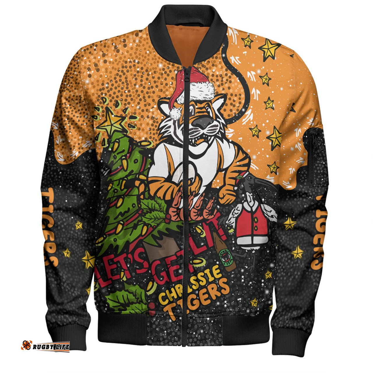 Wests Tigers Christmas Custom Bomber Jacket - Let's Get Lit Chrisse Pressie Bomber Jacket