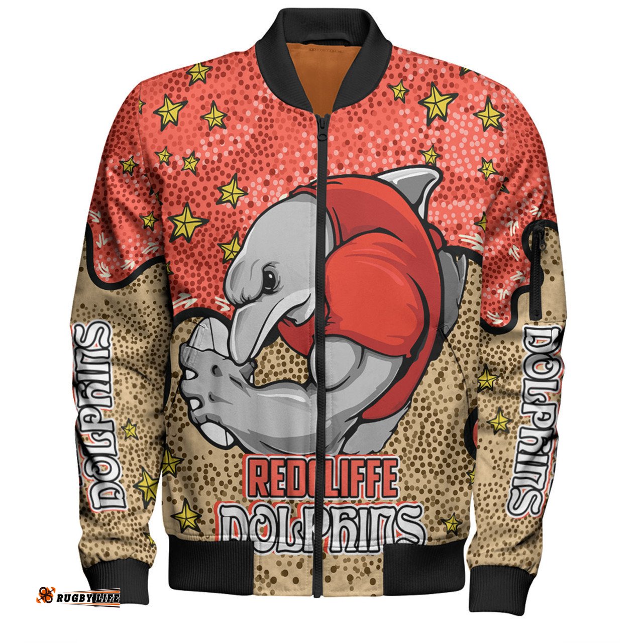 Redcliffe Dolphins Custom Bomber Jacket - Team With Dot And Star Patterns For Tough Fan Bomber Jacket