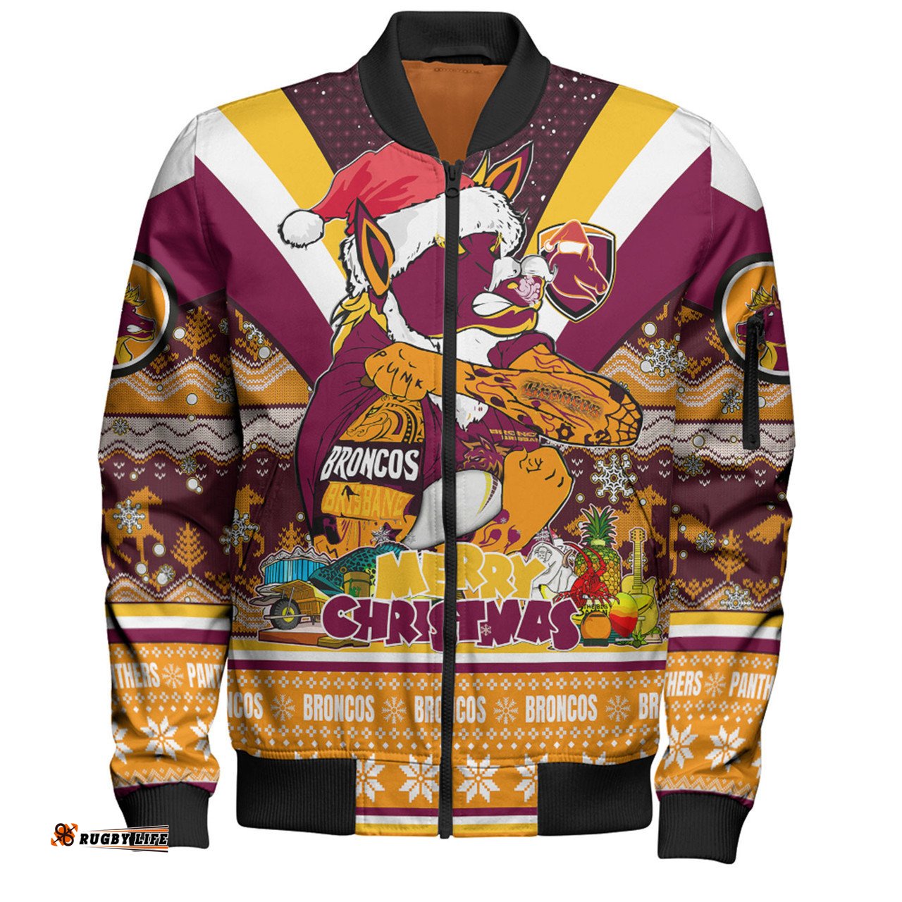 Brisbane Broncos Christmas Custom Bomber Jacket - Broncos Santa Aussie Big Things Christmas Bomber Jacket