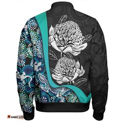 Australia Warratah Goanna Aboriginal Bomber Jacket - Waratah Flowers With Blue Lizards, Stones, Sand Dot Art Painting Inspired Bomber Jacket