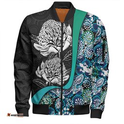 Australia Warratah Goanna Aboriginal Bomber Jacket - Waratah Flowers With Blue Lizards, Stones, Sand Dot Art Painting Inspired Bomber Jacket
