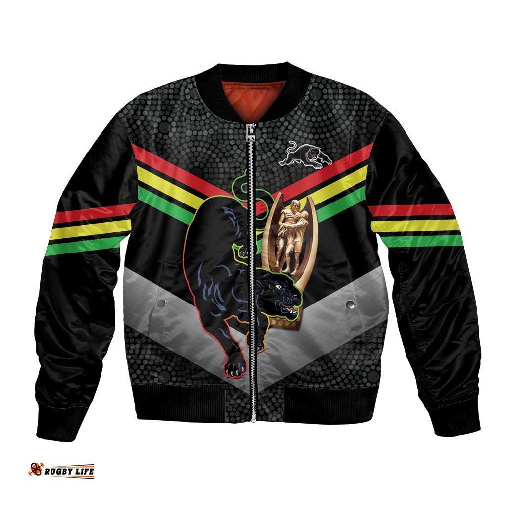 Personalised Panthers Rugby 2024 Bomber Jacket Mascot With Trophy Go Champions Aboriginal Art