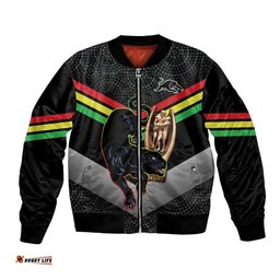 Personalised Panthers Rugby 2024 Bomber Jacket Mascot With Trophy Go Champions Aboriginal Art
