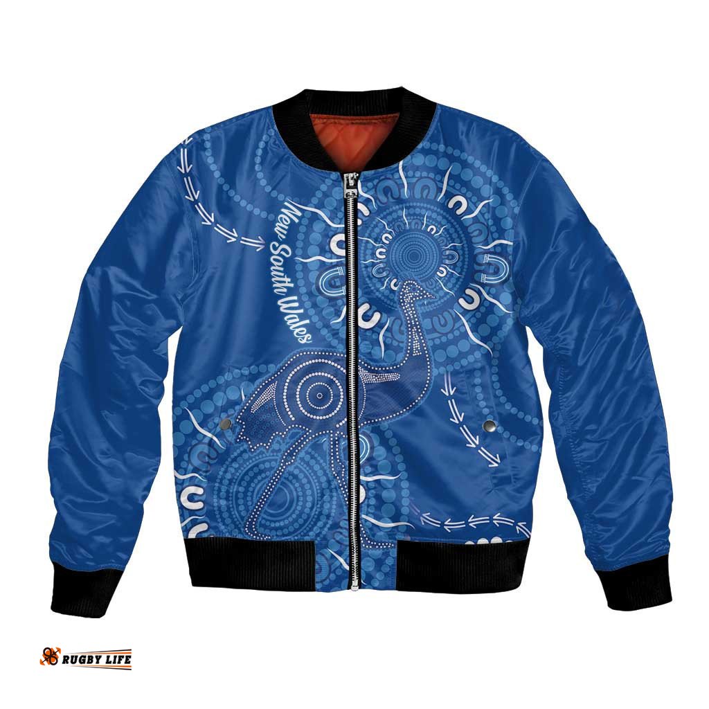 Australia New South Wales Bomber Jacket Aussie Emu With Aboriginal Art