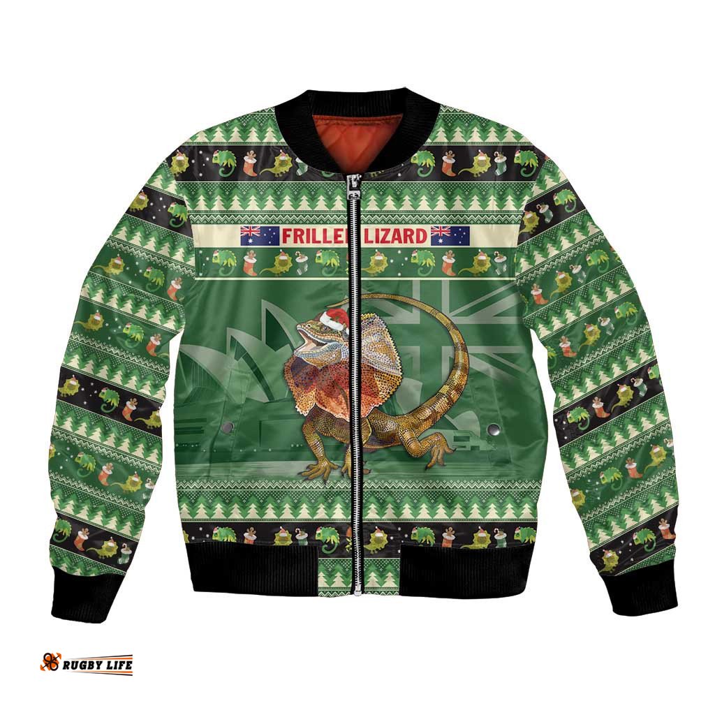 Aussie Frilled Lizard Bomber Jacket Merry Christmas