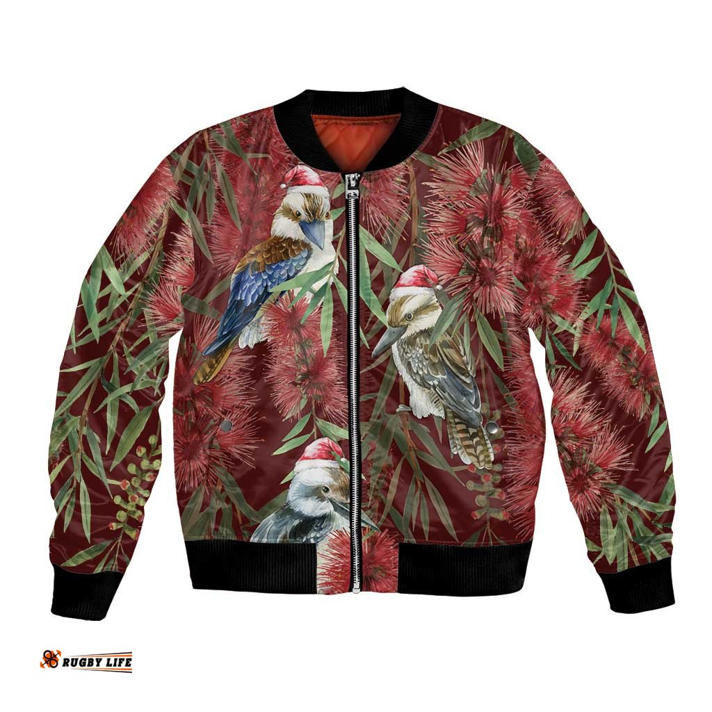 Australia Christmas Bomber Jacket Kookaburra Santa on Red Bottlebrush