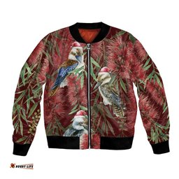 Australia Christmas Bomber Jacket Kookaburra Santa on Red Bottlebrush