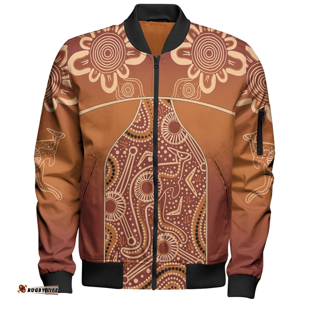 Australia Aboriginal Custom Bomber Jacket - Brown Kangaroo In Aboriginal Dot Art Bomber Jacket