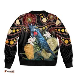 Australia Palm Cockatoo Bomber Jacket Aussie Banksia - Aboriginal Pattern