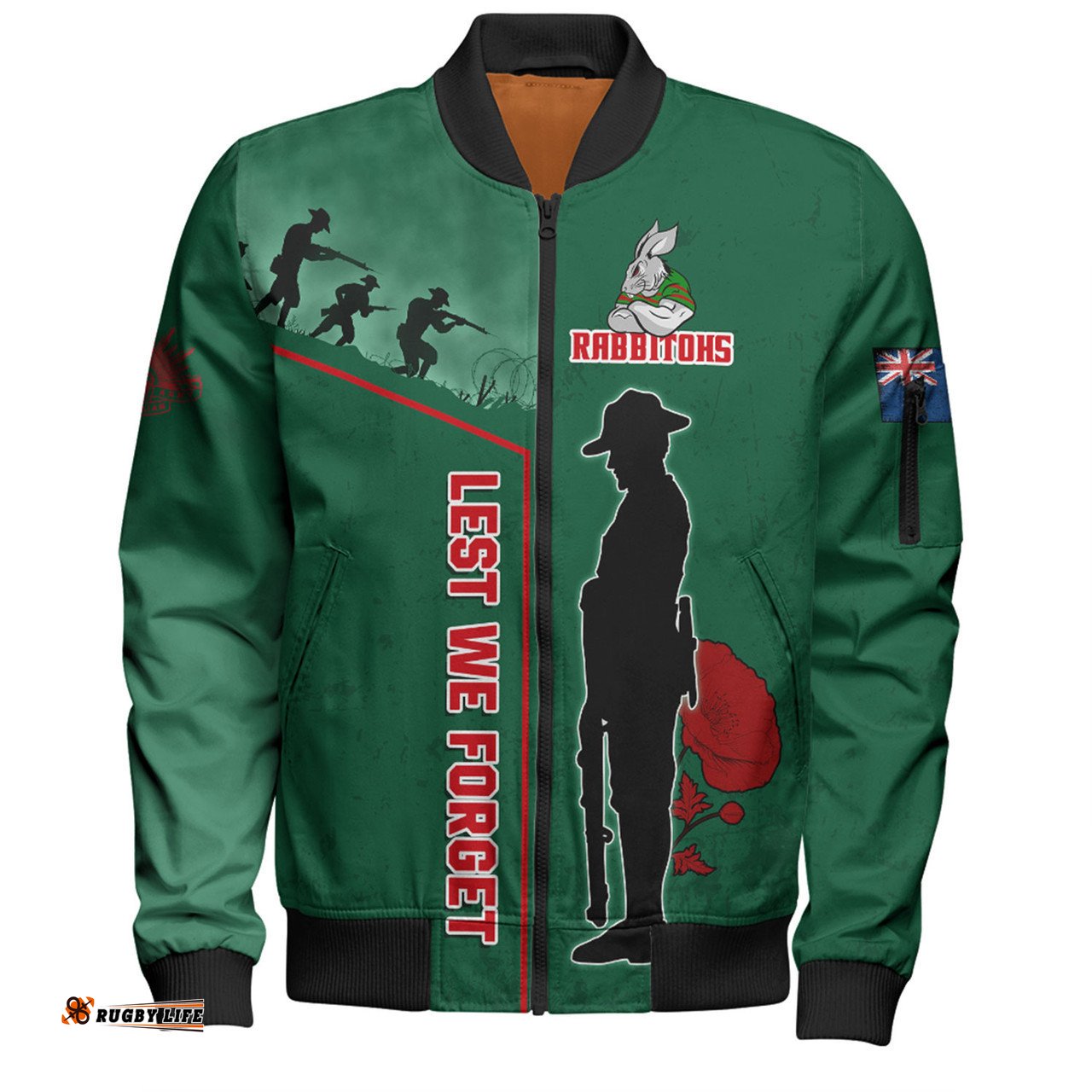 South Sydney Rabbitohs Bomber Jacket - Anzac Day Lest We Forget Poppy