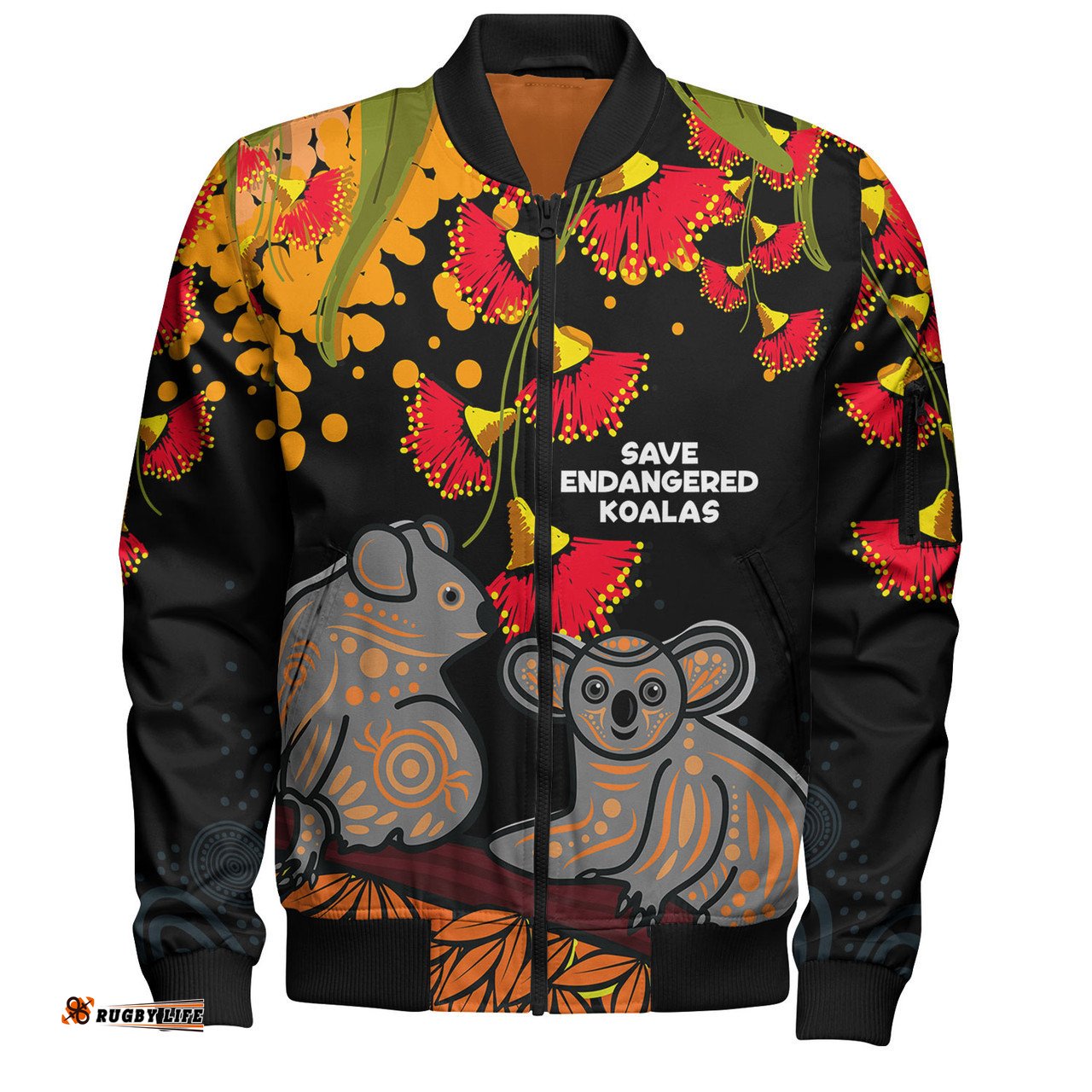 Australia Bomber Jacket - Aboriginal Save Endangered Koalas Red Bottle Brush Flower