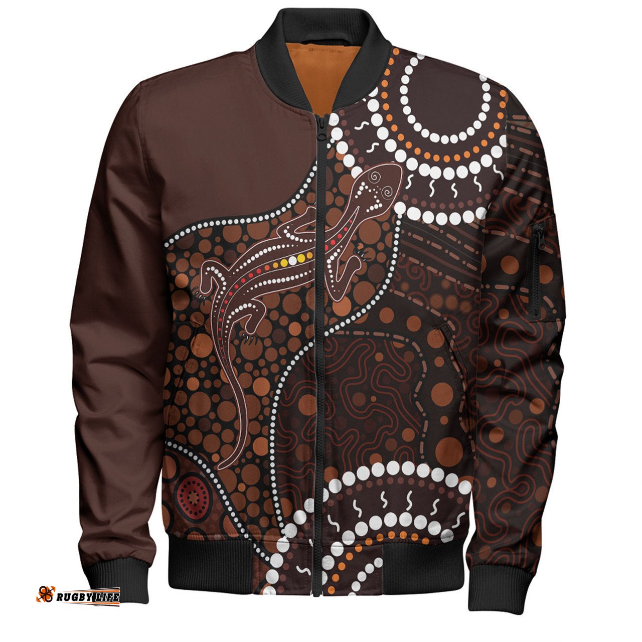 Australia Bomber Jacket Aboriginal Inspired Lizard With Dot Painting Pattern