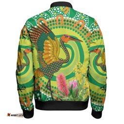 Australia Aboriginal Bomber Jacket - Brolga Bird Dancing With Australia Native Flowers V2 Bomber Jacket
