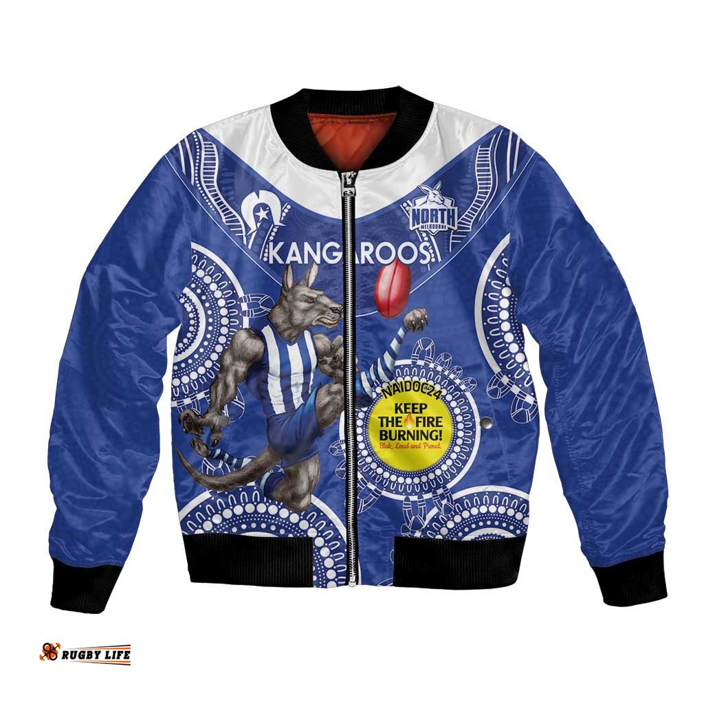 Custom AFL Kangaroos NAIDOC Week Bomber Jacket Keep The Fire Burning Indigenous Art