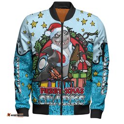 Cronulla-Sutherland Sharks Christmas Custom Bomber Jacket - Merry Christmas Our Beloved Team With Aboriginal Dot Art Pattern Bomber Jacket
