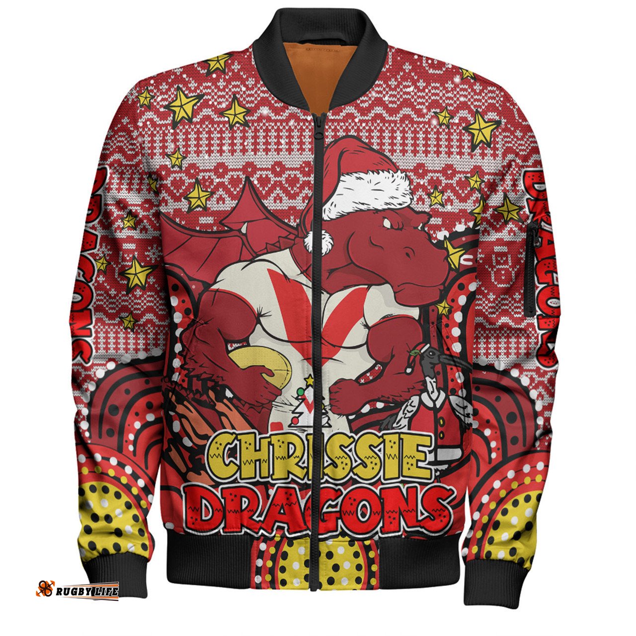 St. George Illawarra Dragons Christmas Custom Bomber Jacket - Christmas Knit Patterns Vintage Jersey Ugly Bomber Jacket