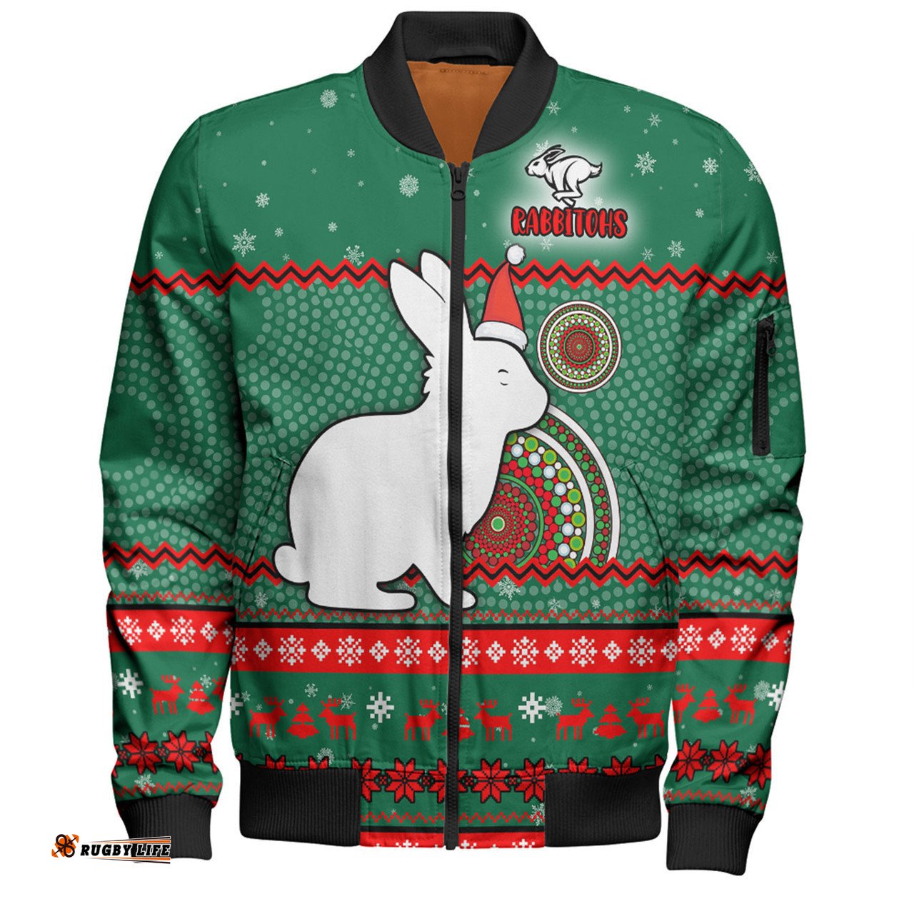 South Sydney Rabbitohs Custom Bomber Jacket - Ugly Xmas And Aboriginal Patterns For Die Hard Fan Bomber Jacket