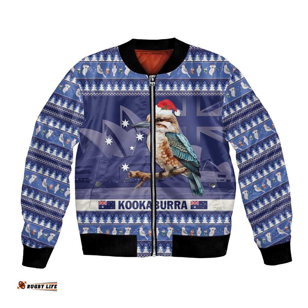 Aussie Kookaburra Bomber Jacket Merry Christmas Blue Style