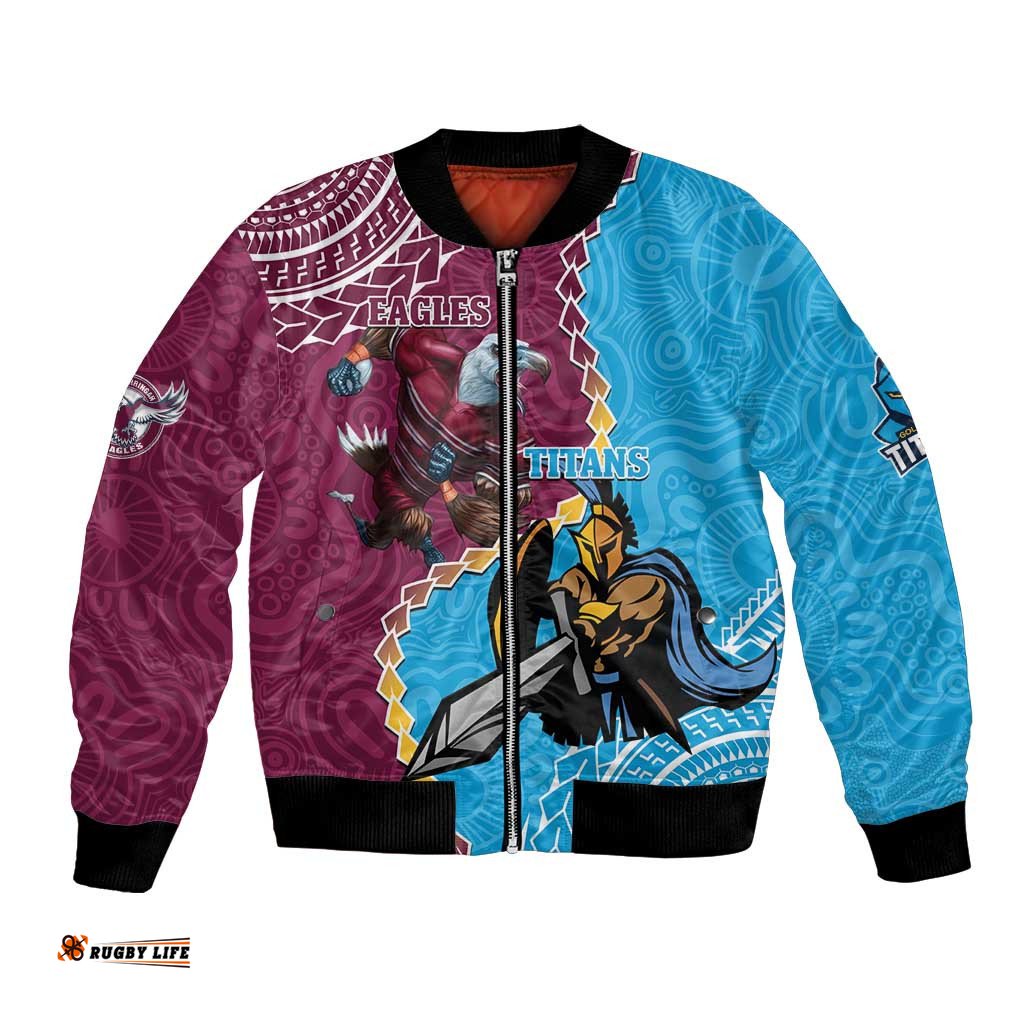 Personalised Eagles And Titans Rugby Bomber Jacket Aboriginal Mix Polynesian Pattern