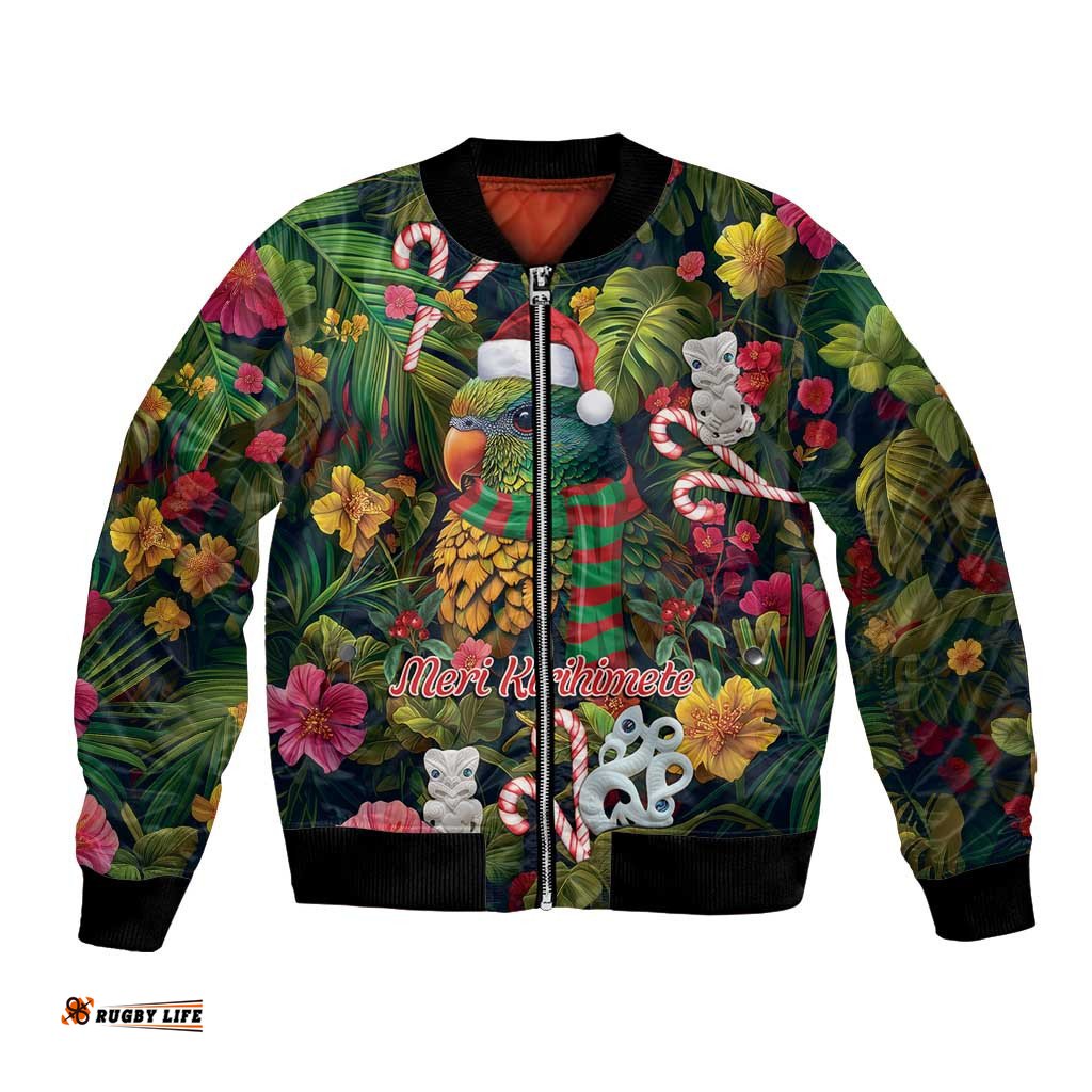 Meri Kirihimete Kakapo Santa Bomber Jacket Merry Christmas with Tropical Vibe