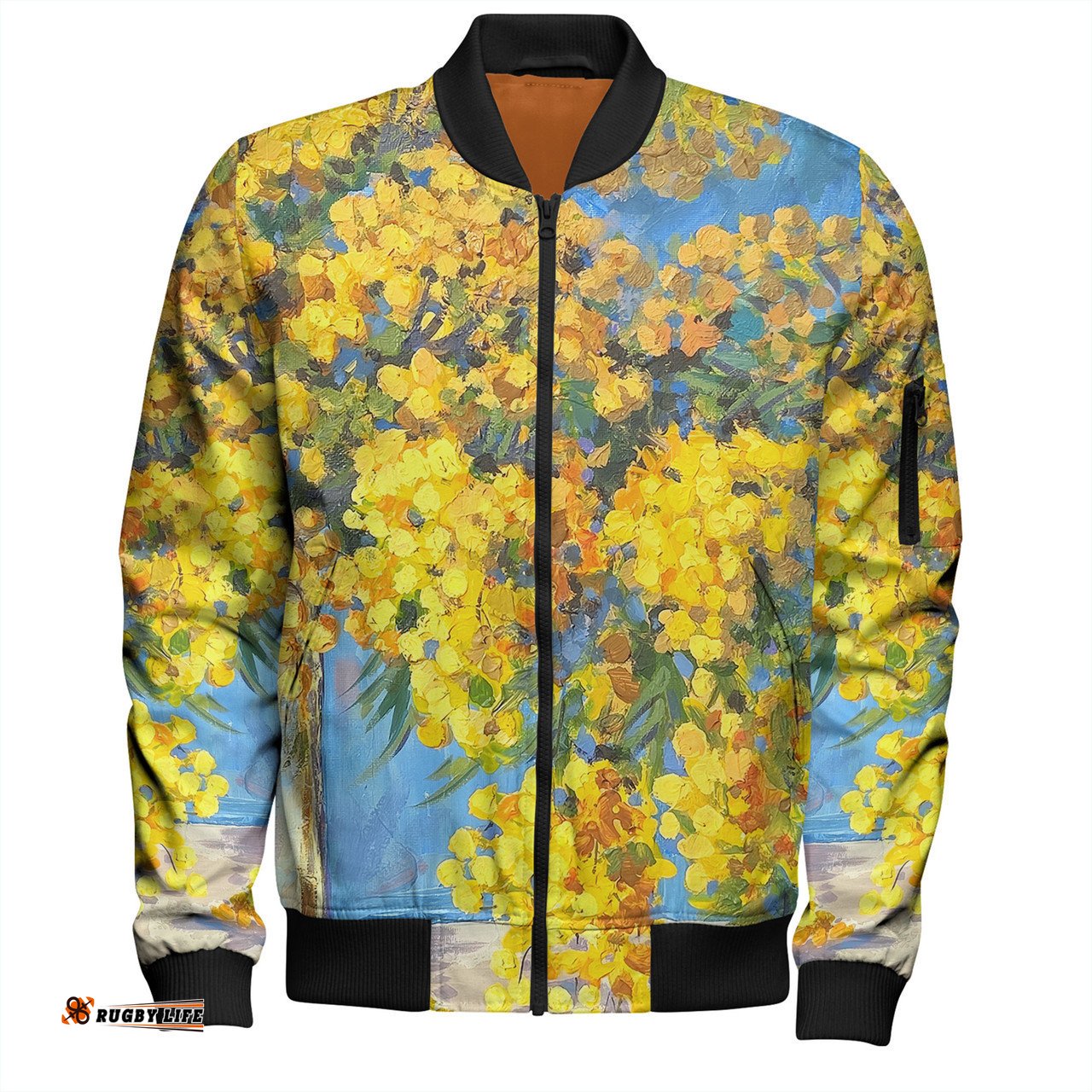 Australia Golden Wattle Bomber Jacket - Golden Wattle Bouquet Blue Background Oil Painting Art Bomber Jacket