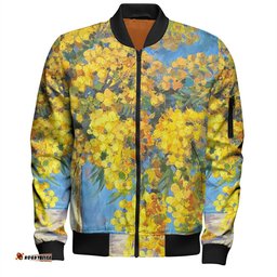 Australia Golden Wattle Bomber Jacket - Golden Wattle Bouquet Blue Background Oil Painting Art Bomber Jacket