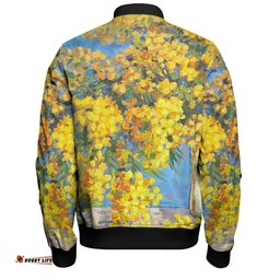 Australia Golden Wattle Bomber Jacket - Golden Wattle Bouquet Blue Background Oil Painting Art Bomber Jacket