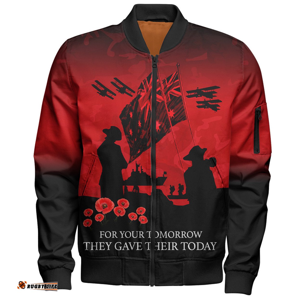 Australia Anzac Bomber Jacket Anzac Day Poppy Flowers Red Black Blue