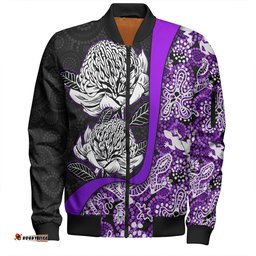 Australia Warratah Goanna Aboriginal Bomber Jacket - Waratah Flowers With Purple Lizards, Stones, Sand Dot Art Painting Inspired Bomber Jacket