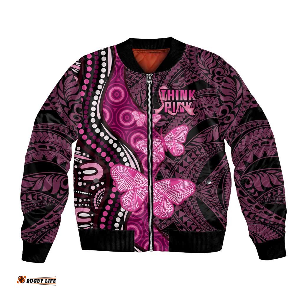 Think Pink Breast Cancer Awareness Bomber Jacket Butterfly Aboriginal Mix Polynesian Pattern