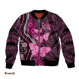 Think Pink Breast Cancer Awareness Bomber Jacket Butterfly Aboriginal Mix Polynesian Pattern